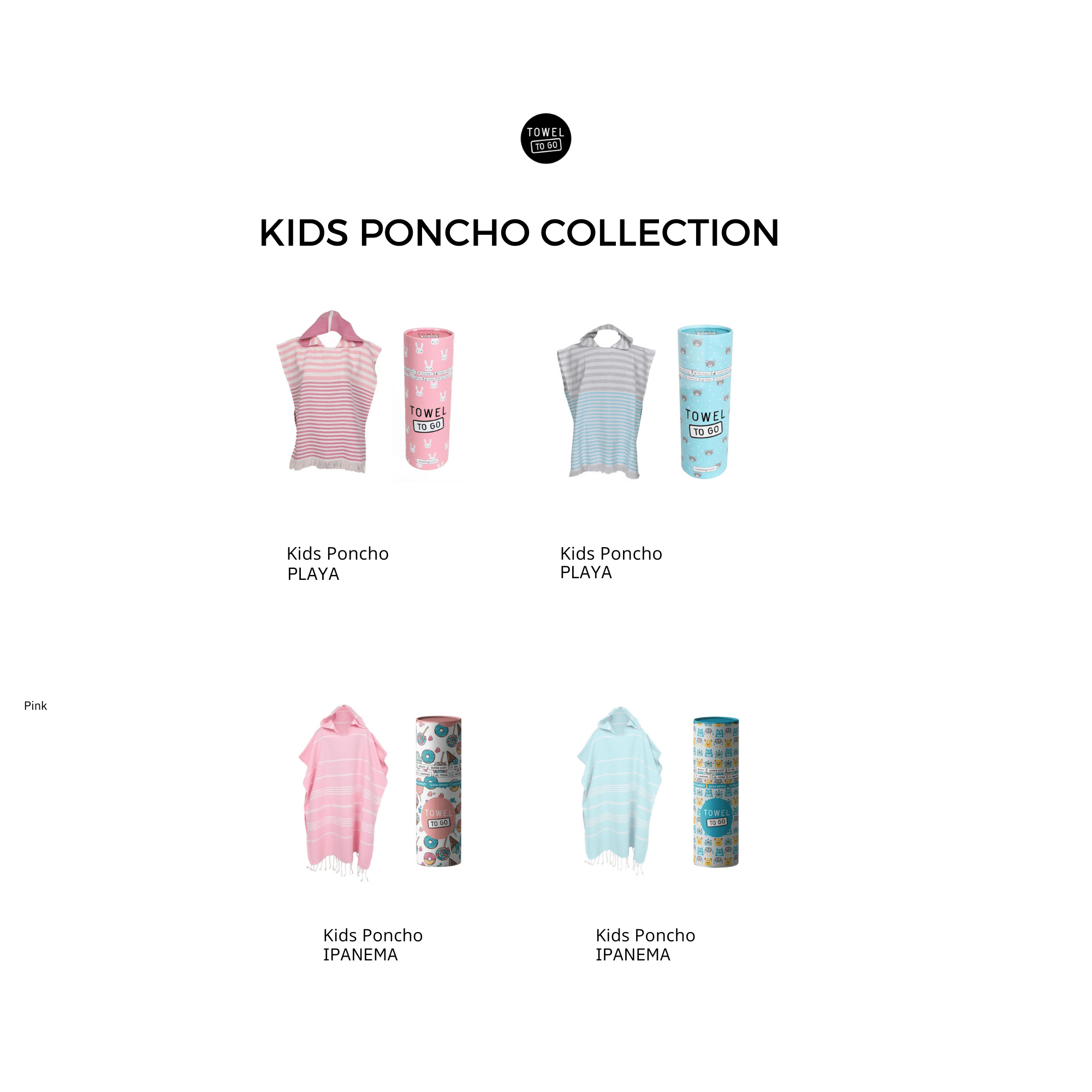 Ipanema Kids Poncho Towel in pink, made from 100% cotton, featuring a hood and packaged in a recycled gift box.